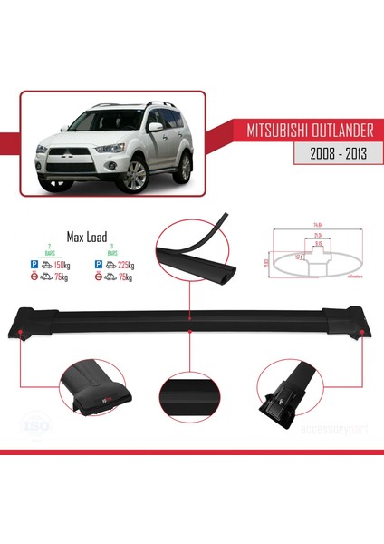 Mitsubishi Outlander 2008-2013 Arası ile Uyumlu Fly Model Ara Atkı Tavan Barı Siyah fırsatları