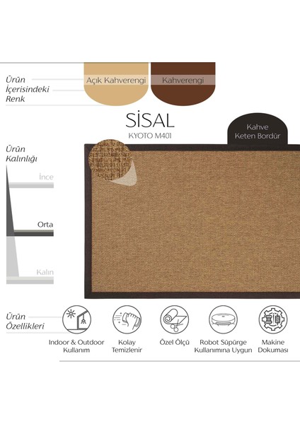 Kyoto M401 Hav Toz Vermez Kolay Temizlenen Hasır Doku İnce Düğüm İthal Sisal Halı