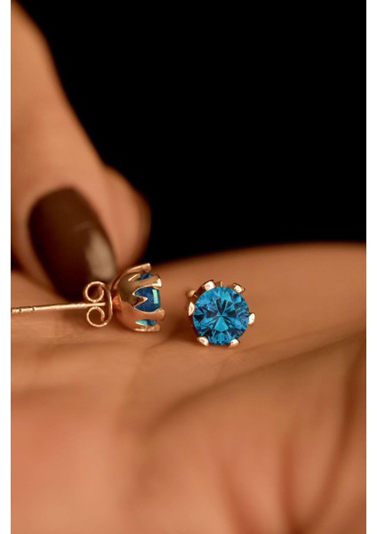 Mart Akuamarin Doğum Taşı Rose Tektaş Çivili Gümüş Küpe