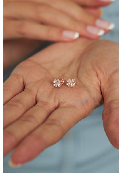 Zirkon Taşlı Rose Yonca Minimal Çivili Gümüş Küpe fiyatları