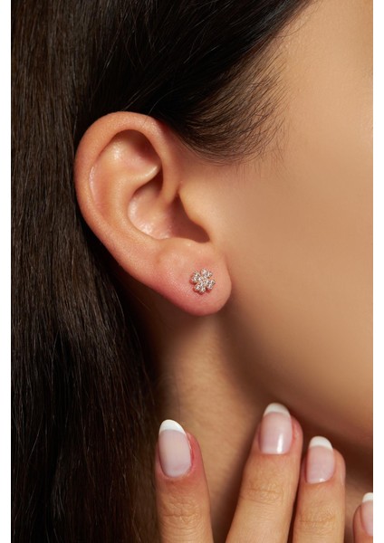 Zirkon Taşlı Rose Yonca Minimal Çivili Gümüş Küpe modelleri