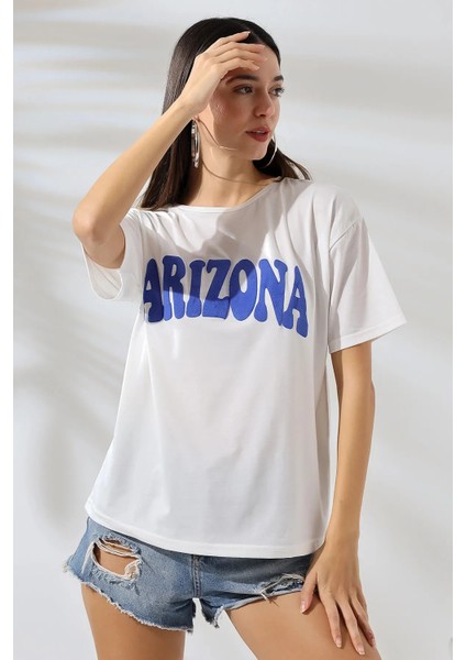 Kadın Beyaz Mavi Arizona Baskılı Bisiklet Yaka T-Shirt Hzl24S-Dsb120261 modelleri