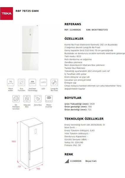 - Rbf 78725 Gwh - Solo Kombi Nofrost Buzdolabı - 481 Lt - Beyaz Cam - 70 cm - 113400026