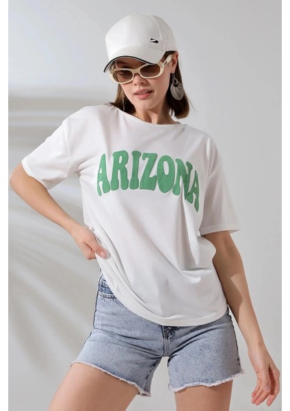 Kadın Beyaz Yeşil Arizona Baskılı Bisiklet Yaka T-Shirt HZL24S-DSB120261