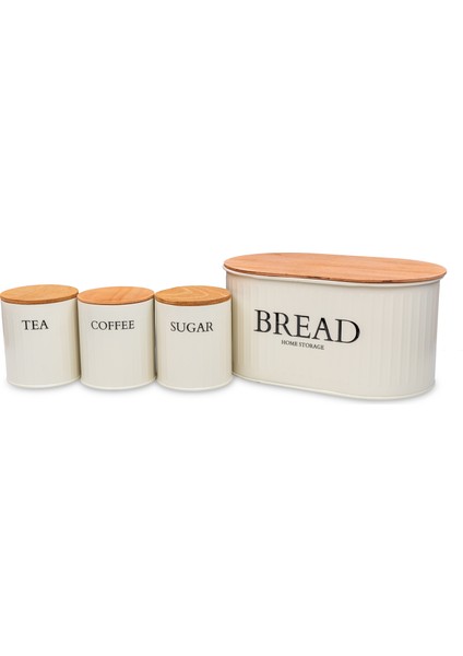 Ahşap Kapaklı Metal Ekmeklik, Çay, Kahve, Şeker 4'lü Set