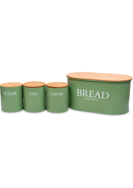 Ahşap Kapaklı Metal Ekmeklik, Çay, Kahve, Şeker 4'lü Set