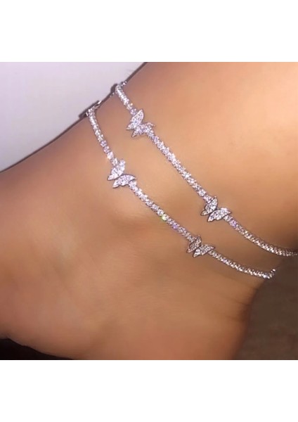 006701GD Trendy G Sevimli Kelebek Kristal Tenis Halhal Kadınlar Için Altın Gümüş Renk Boho Sandalet Rhinestone Ayak Bilek Zinciri Takı (Yurt Dışından) fırsatları