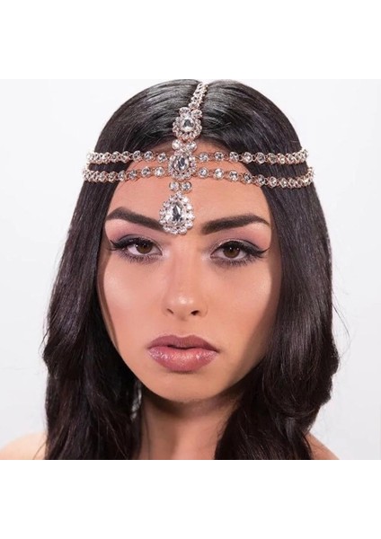 Gümüş Kaplı Boho Lüks Düğün Başlığı Kristal Kafa Zincir Takı Gümüş Kadınlar Hint Taş Alın Zinciri Gelin Saç Aksesuarları (Yurt Dışından) fırsatları