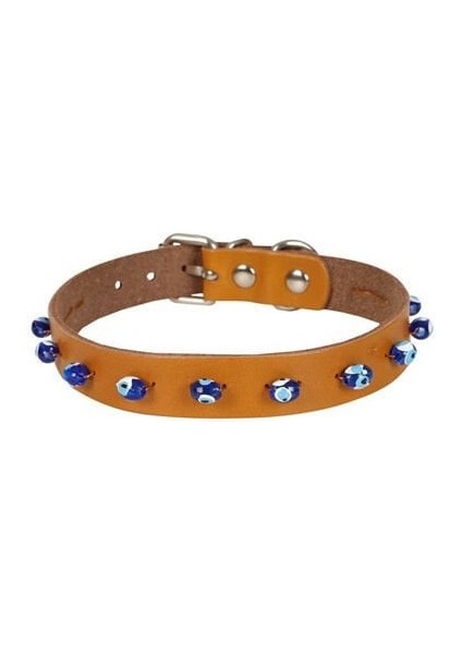 Boncuklu Deri Küçük Irk Köpek ve Kedi Boyun Tasması Xlarge Camel 1.5X26-30 cm