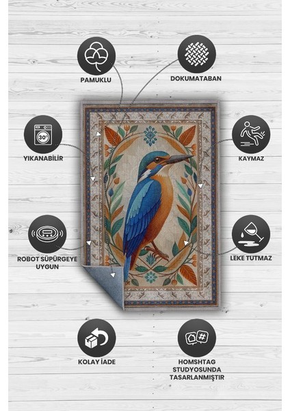 Nuh'un Gemisi Koleksiyonu Yalıçapkını Temalı Çiçek Desenli Vintage Çok Renkli Konsept Halı