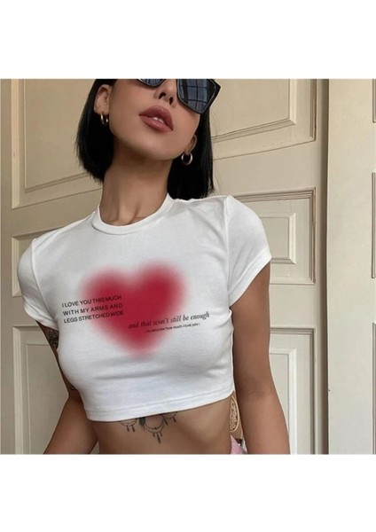 Y2K To Describe How Much I Love You Baskılı Desenli Beyaz Yarım Kadın Bluz Crop Top T-Shirt