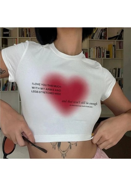 Y2K To Describe How Much I Love You Baskılı Desenli Beyaz Yarım Kadın Bluz Crop Top T-Shirt