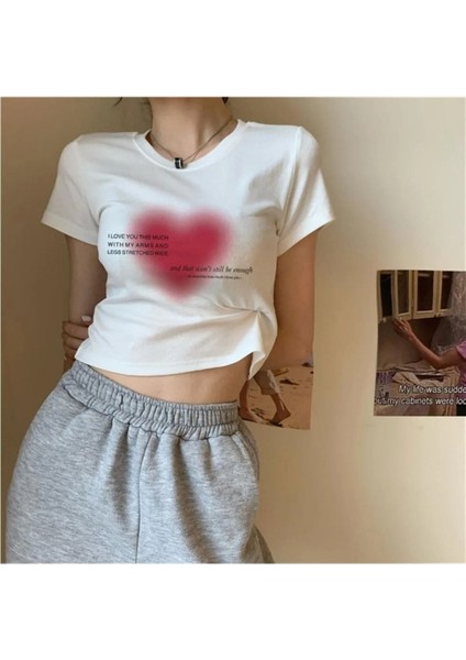 Y2K To Describe How Much I Love You Baskılı Desenli Beyaz Yarım Kadın Bluz Crop Top T-Shirt