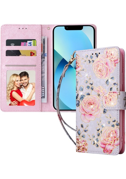 Ile Uyumlu iPhone 13 Mini Vaka Retro Yaldızlı Kırmızı Gül Çiçek Manyetik Pu Deri Rfıd Engelleme Flip Kart Yuvaları Tutucu Cüzdan Kapağı (Yurt Dışından)