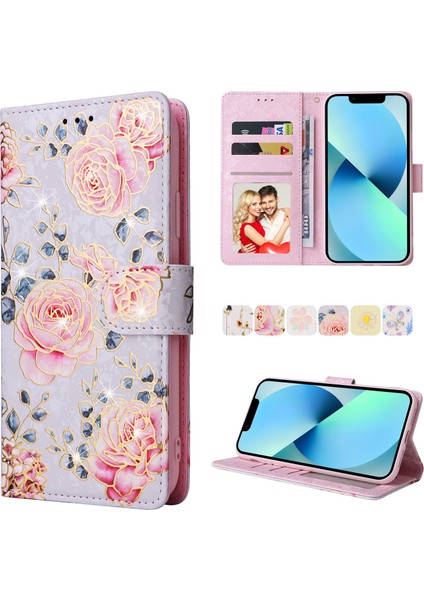 Ile Uyumlu iPhone 13 Mini Vaka Retro Yaldızlı Kırmızı Gül Çiçek Manyetik Pu Deri Rfıd Engelleme Flip Kart Yuvaları Tutucu Cüzdan Kapağı (Yurt Dışından) modelleri
