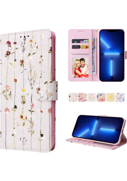 Ile Uyumlu iPhone 13 Pro Max Vaka Retro Yaldızlı Kırmızı Gül Çiçek Manyetik Pu Deri Rfıd Engelleme Flip Kart Yuvaları Tutucu Cüzdan Kapağı (Yurt Dışından)