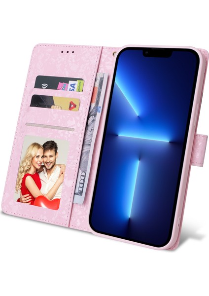 Ile Uyumlu iPhone 13 Pro Max Vaka Retro Yaldızlı Kırmızı Gül Çiçek Manyetik Pu Deri Rfıd Engelleme Flip Kart Yuvaları Tutucu Cüzdan Kapağı (Yurt Dışından)