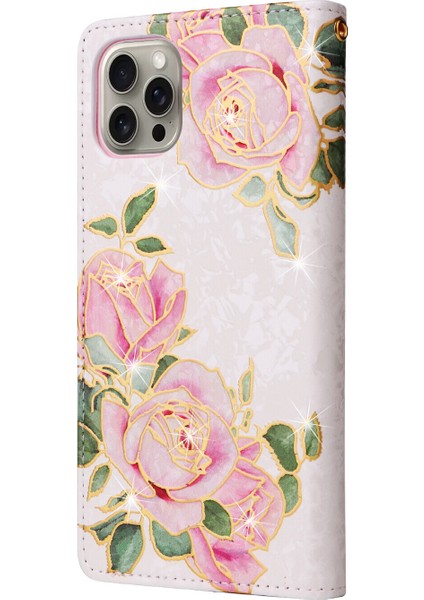 Ile Uyumlu iPhone 15 Pro Max Vaka Retro Yaldızlı Kırmızı Gül Çiçek Manyetik Pu Deri Rfıd Engelleme Flip Kart Yuvaları Tutucu Cüzdan Kapağı (Yurt Dışından)