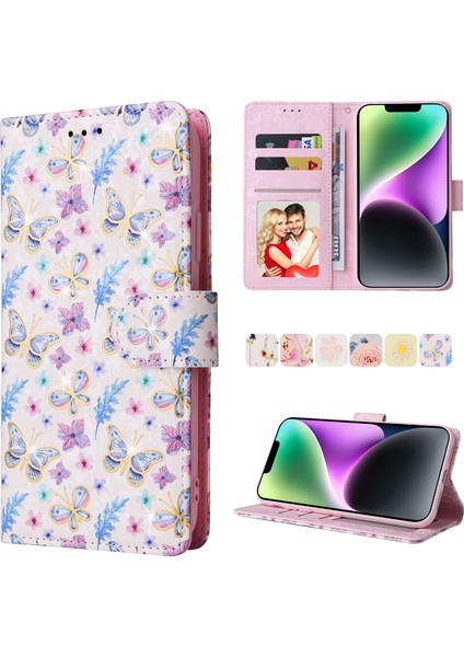 Ile Uyumlu iPhone 15 Vaka Retro Yaldızlı Kırmızı Gül Çiçek Manyetik Pu Deri Rfıd Engelleme Flip Kart Yuvaları Tutucu Cüzdan Kapağı (Yurt Dışından)