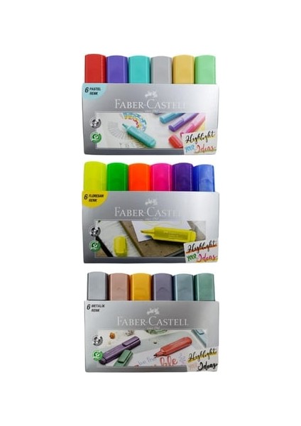 18'li Fosforlu Kalem Seti (6 Metalik+6 Pastel+6 Floresan) modelleri