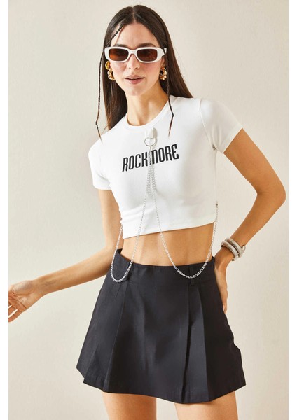 Kadın Beyaz Rockmore Baskılı Zincir Aksesuarlı Crop T-Şihrt Hzl24S-Dsb120281 indirimleri