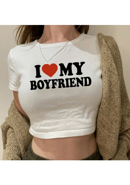 Boyfriend Yazılı Crop Tişört