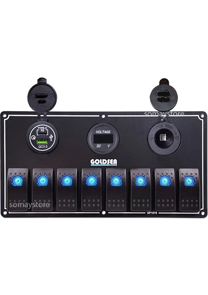 Marine Switch Panel 8 Anahtarlı Usb Type-C + Voltmetre + Şarj Soketli 12-24V 120X235mm Mavi