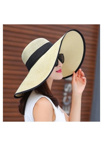 Yaz Büyük Saçak Örme Ilmek Şapka Hasır Dokuma Şapka Kore Versiyonu Moda Bayan Anti-Ultraviyole Güneş Plaj Güneş Şapkası (Yurt Dışından)