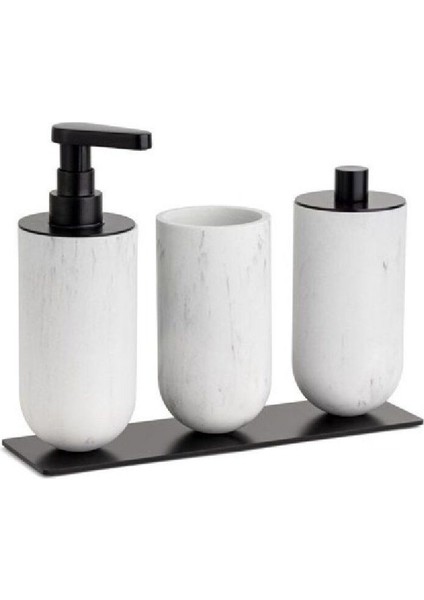 Sıvı Sabunluk-Diş Fırçalığı-Pamukluk Mermer Desenli/Siyah Renk 206X87X265 Mm