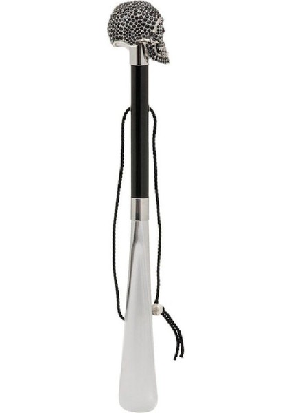 Taşlı Kuru Kafa Figürlü Siyah/Krom Ayakkabı Çekeceği 50 Cm