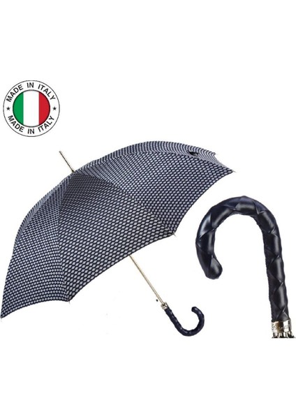 Siyah Deri Saplı Siyah/Gri Desenli Otomatik Şemsiye 95 Cm