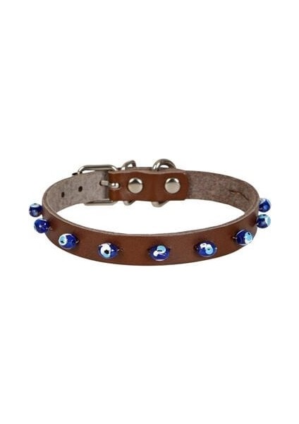 Boncuklu Deri Küçük Irk Köpek ve Kedi Boyun Tasması Large Kahverengi 1.2X23-27 cm