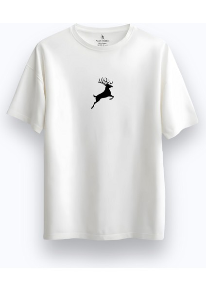 Unisex Oversize Bisiklet Yaka Baskılı Kısa Kollu Beyaz T-Shirt