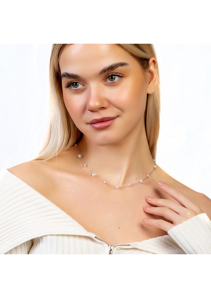 Gümüş Renk Kararmaz Metal Zincirli Inci Doğaltaş Kombinli Kadın Kolye modelleri