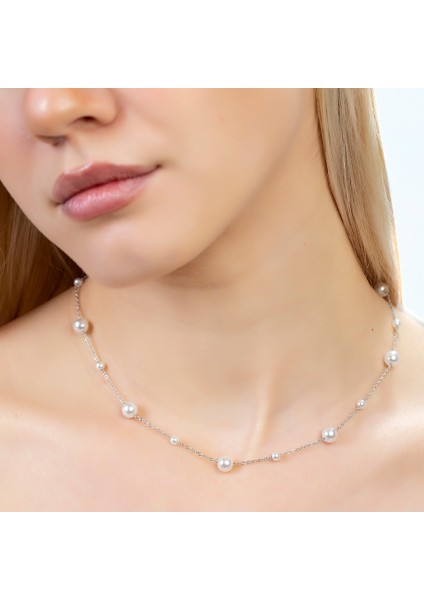 Gümüş Renk Kararmaz Metal Zincirli Inci Doğaltaş Kombinli Kadın Kolye fırsatları