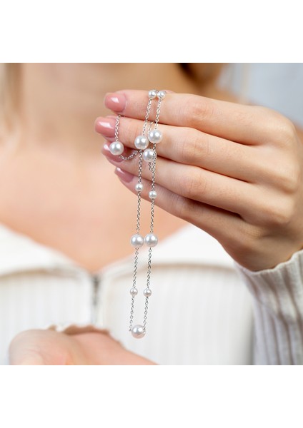 Gümüş Renk Kararmaz Metal Zincirli Inci Doğaltaş Kombinli Kadın Kolye indirimleri