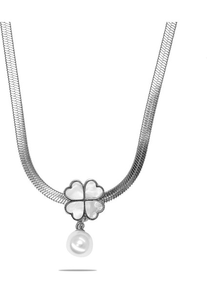 Gümüş Renk Kararmaz Metal Snake Zincirli Sedef Taşlı Yonca Yaprağı Detaylı Inci Doğaltaş Kombinli Kadın Kolye fiyatları