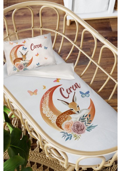 Isme Özel Anne Yanı 60X100 Beşik Uyku Nevresim Takımı Aydaki Bambi