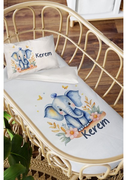 Isme Özel Anne Yanı 60X100 Beşik Uyku Nevresim Takımı Mavi Fil