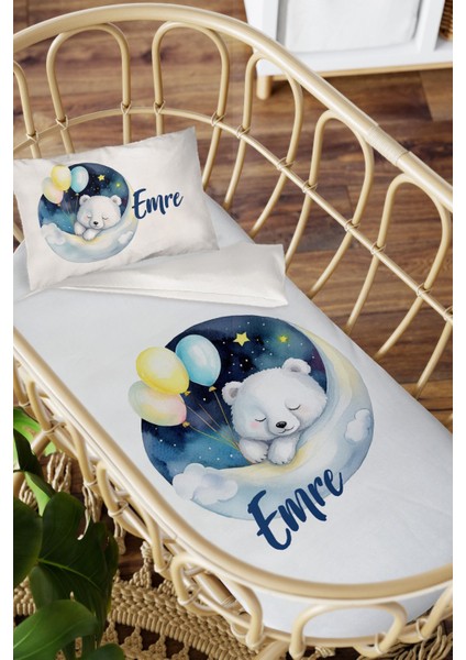 Isme Özel Anne Yanı 60X100 Beşik Uyku Nevresim Takımı Balonlu Beyaz Ayı