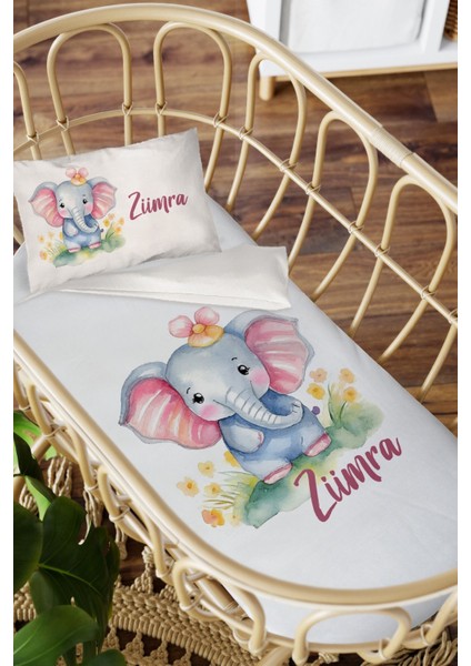 Isme Özel Anne Yanı 60X100 Beşik Uyku Nevresim Takımı Çiçekli Yavru Fil