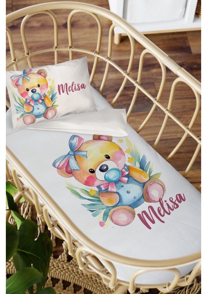 Isme Özel Anne Yanı 60X100 Beşik Uyku Nevresim Takımı Emzikli Ayıcık