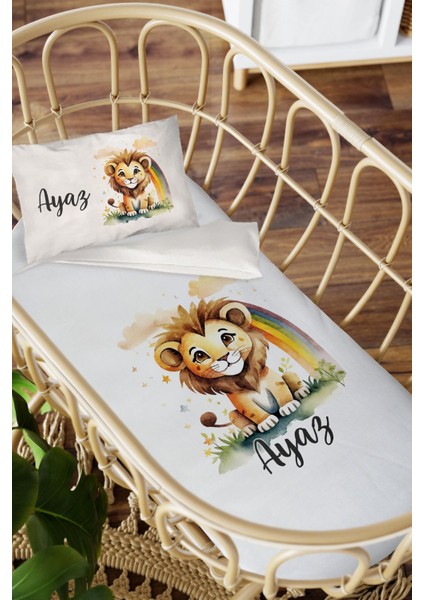 Isme Özel Anne Yanı 60X100 Beşik Uyku Nevresim Takımı Aslan