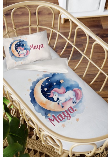 Isme Özel Anne Yanı 60X100 Beşik Uyku Nevresim Takımı Aydaki Unicorn