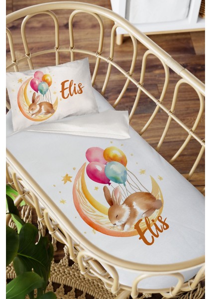 Isme Özel Anne Yanı 60X100 Beşik Uyku Nevresim Takımı Aydaki Balonlu Tavşan