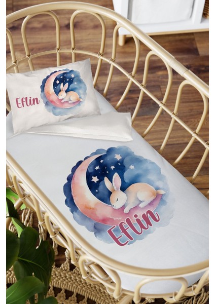 Isme Özel Anne Yanı 60X100 Beşik Uyku Nevresim Takımı Ayda Uyuyan Tavşan