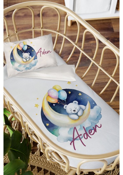 Isme Özel Anne Yanı 60X100 Beşik Uyku Nevresim Takımı Balonlu Beyaz Ayı