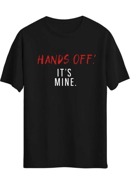 Kadın Hands Off! It's Fine Baskılı Bisiklet Yaka Salaş Oversize Boyfriend T-Shirt