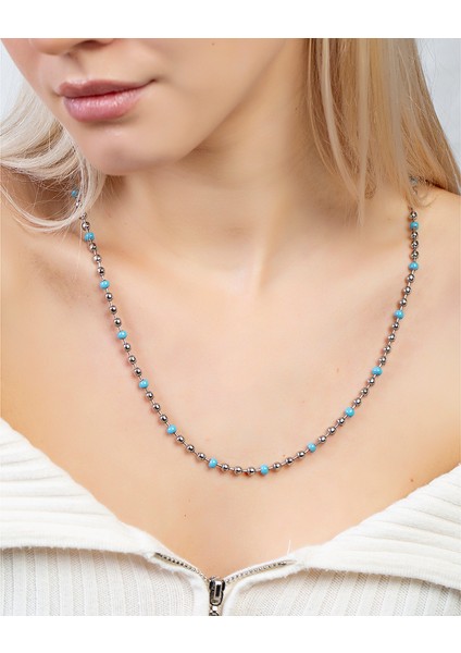 Gümüş Renk Kararmaz Metal Zincirli Firuze Doğaltaş Kombinli Kadın Kolye fırsatları