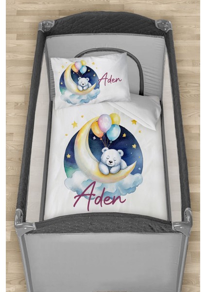 Isme Özel 75X120 Park Yatak Beşik Nevresim Takımı Balonlu Beyaz Ayı